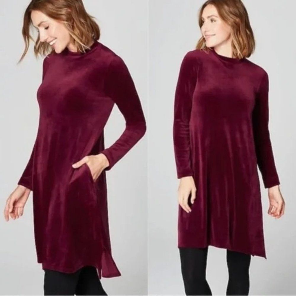 J. Jill Burgundy Mock Turtleneck Long Sleeve Pockets Velour Velvet Dress Sz L